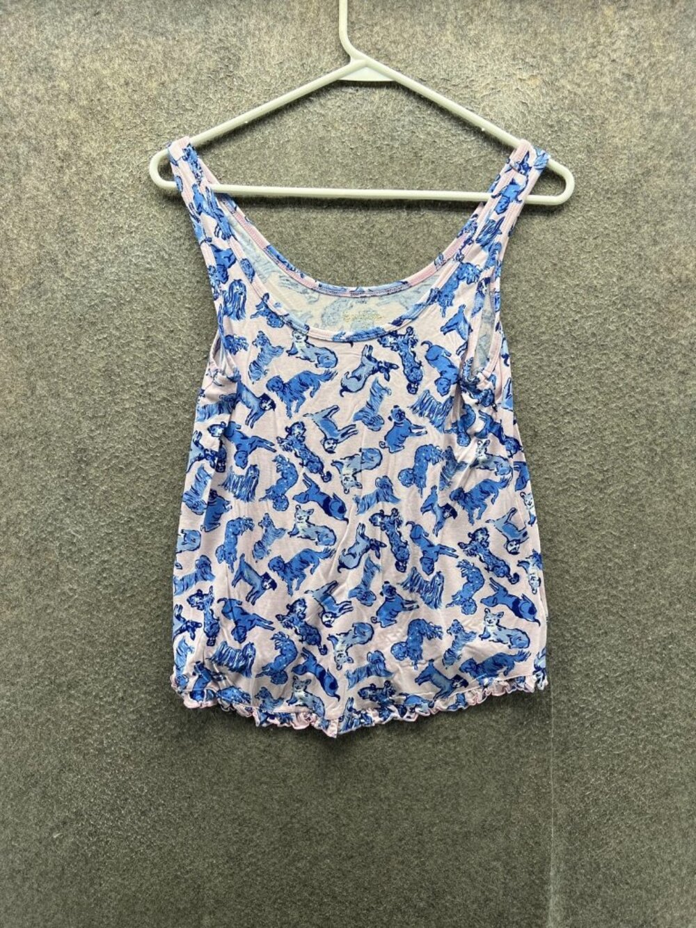 Lilly Pulitzer Tank Top Women XS Pink Blue Dog Print Scoop Neck Ruffle Hem